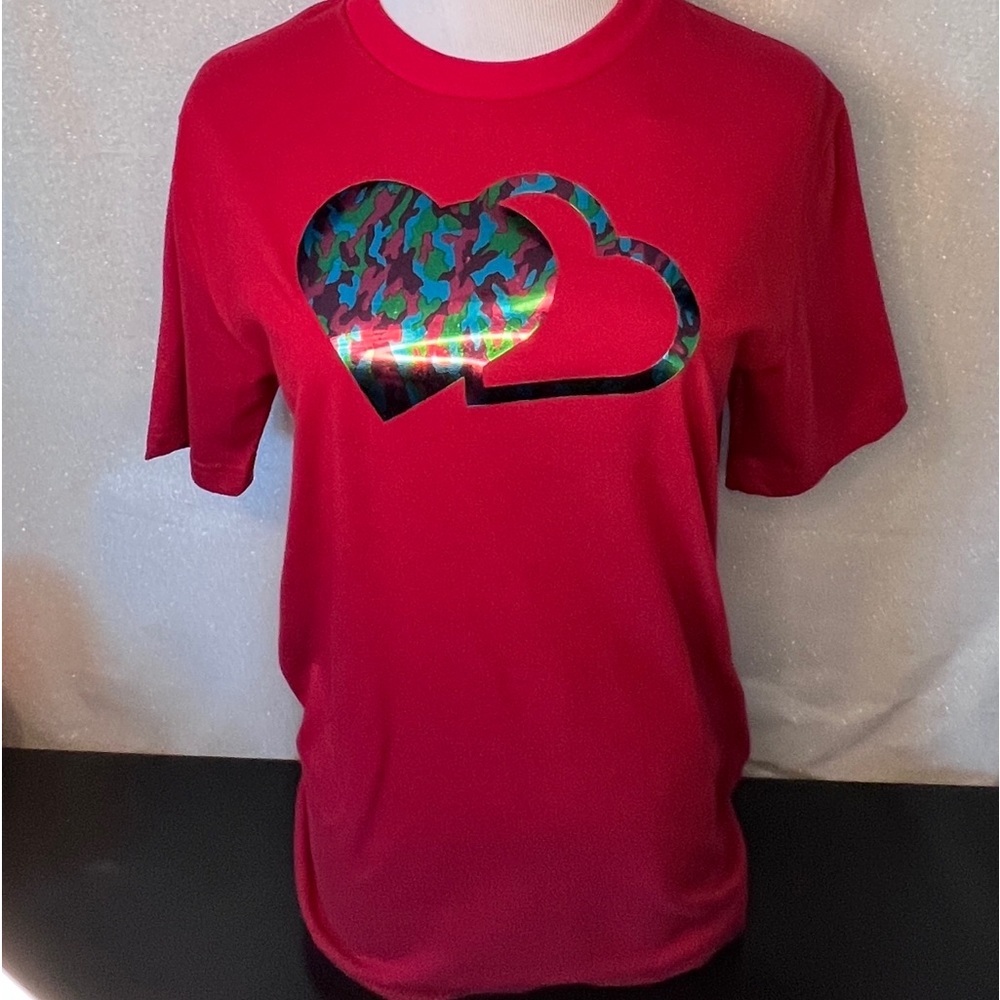 Custom T-shirt. Bright red with camo double heart design.